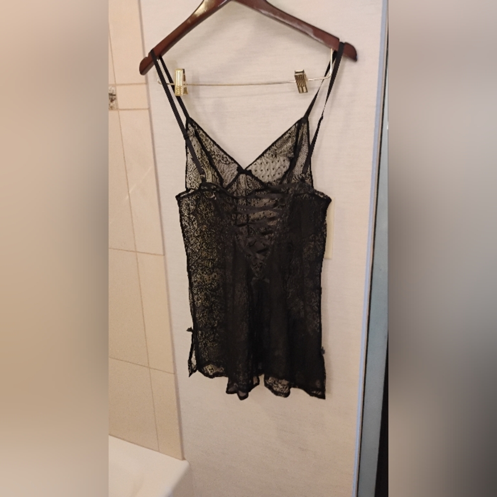 Victoria's Secret v Neck Black Lace Lace Up Sheer Slip
